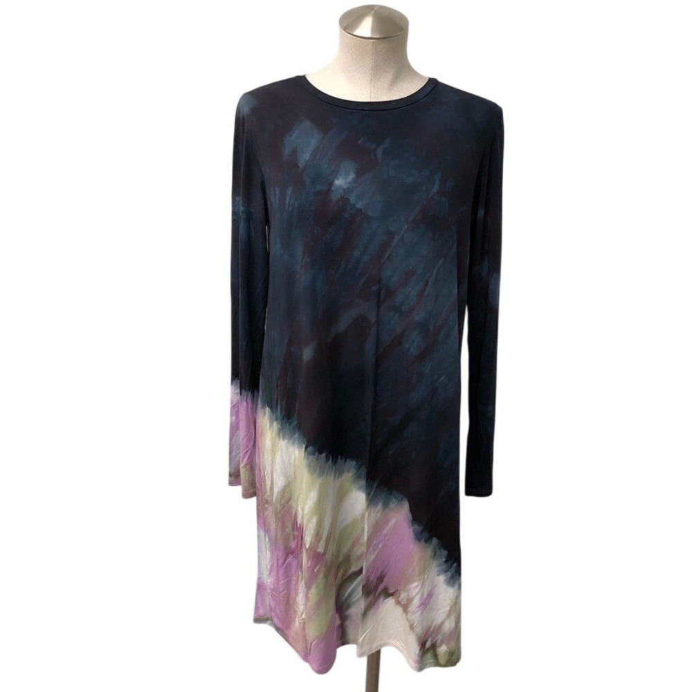 Brightly Twisted Tunic Dress Womens Small Navy Multi Tie Dye Long Sleeve USA‎